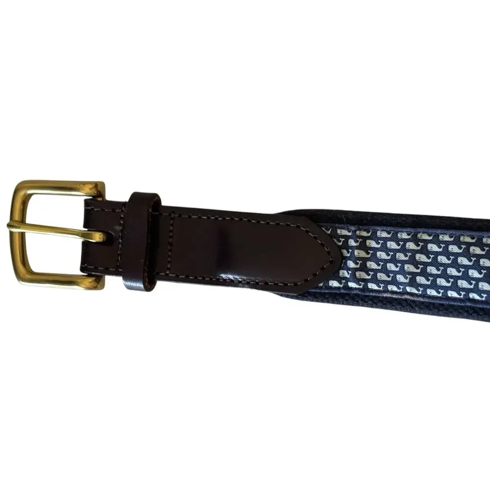 Vineyard Vines Golf Belt Mens Size 36 Blue Whale Monogram Brown Leather Preppy